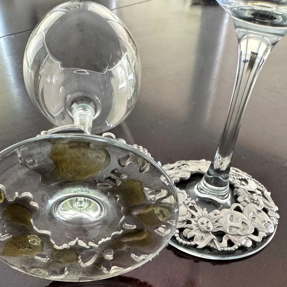 1990's Lindsay Claire Set of 2 Silver Pewter Base Wine Glasses Theater